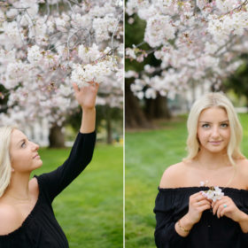 Senior portrait of blonde girl under the cherry blossoms at State Capitol