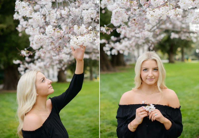 Senior portrait of blonde girl under the cherry blossoms at State Capitol