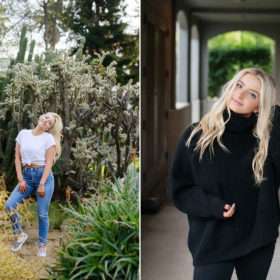 Senior portrait of blonde girl in cactus garden and State Capitol