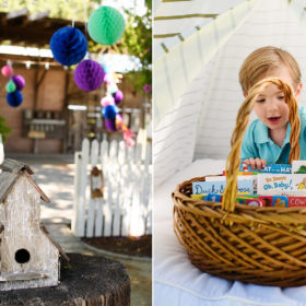 First birthday party details with colorful lanterns and books in a tent