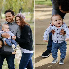Mixed race couple posing with baby boy outdoors in Sacramento