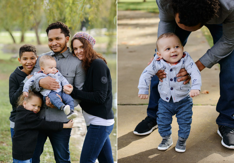 Mixed race couple posing with baby boy outdoors in Sacramento