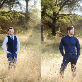 Gay males posing in golden grass in Fair Oaks wearing blue ties and vests