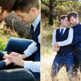 Gay couple holding hands and embracing with engagement ring detail in Fair Oaks