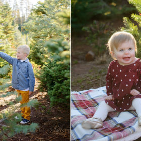 Little boy pointing at pine trees and little girl sitting on flannel blanket