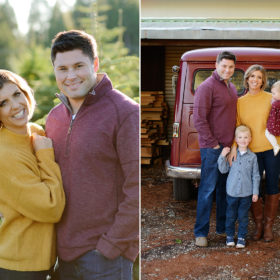 Mom and dad posing in front of pine trees and family photo in front of vintage red truck