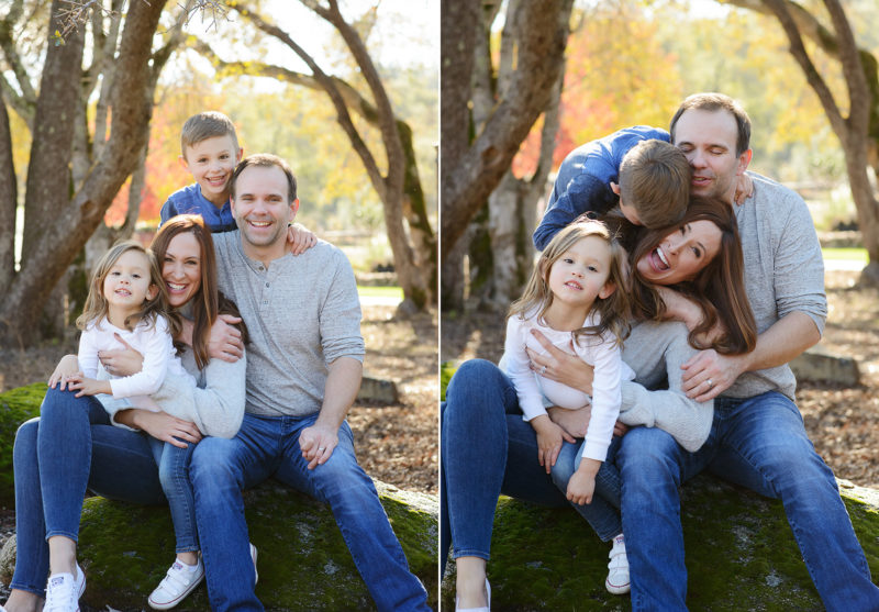 Silly family photo in Sacramento outdoors with foliage