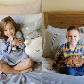 Sister hugging stuffed animal while brother holds baseball mitt in bedroom in Sacramento