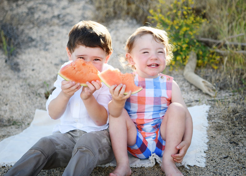 Brothers eating watermelon and smiling on the sandy beach in Folsom Lake State Recreation Area