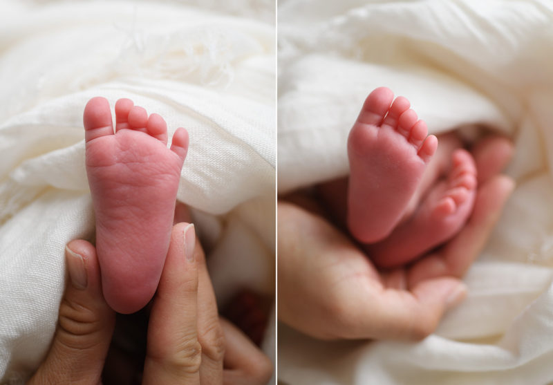 Newborn baby feet close up in bed