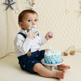 Baby boy cake smash with nautical background