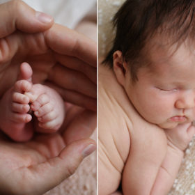 Newborn baby girl close up of feet in hands and sleeping in Sacramento studio