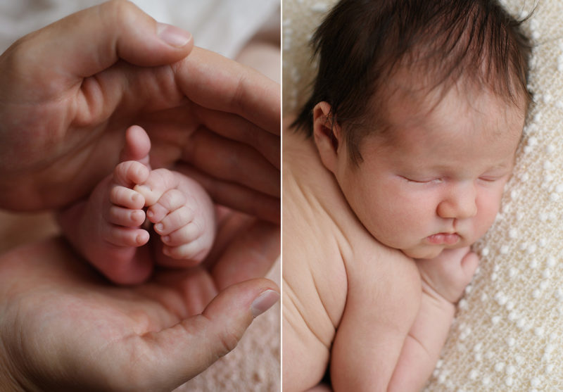 Newborn baby girl close up of feet in hands and sleeping in Sacramento studio