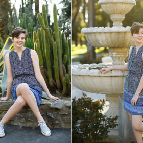 High school senior posing for portraits at State Capitol cactus garden and fountain