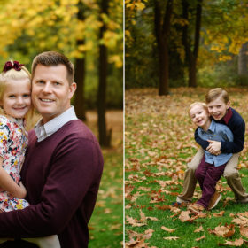 Dad holding daughter and brothers hugging each other surrounded by autumn leaves in the grass in Grass Valley