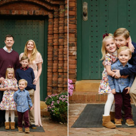 Family photo in front of green door and brick exterior in Grass Valley