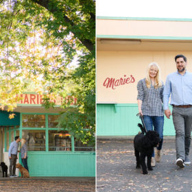 Couple kissing holding two dogs and kissing in front of Marie’s Donuts in Sacramento