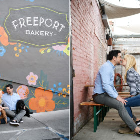 Engaged couple kissing and sitting down outside of Freeport Bakery in Sacramento