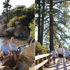 Brothers sitting on smooth rocks by Lake Tahoe shore and mom walking with sons on bridge