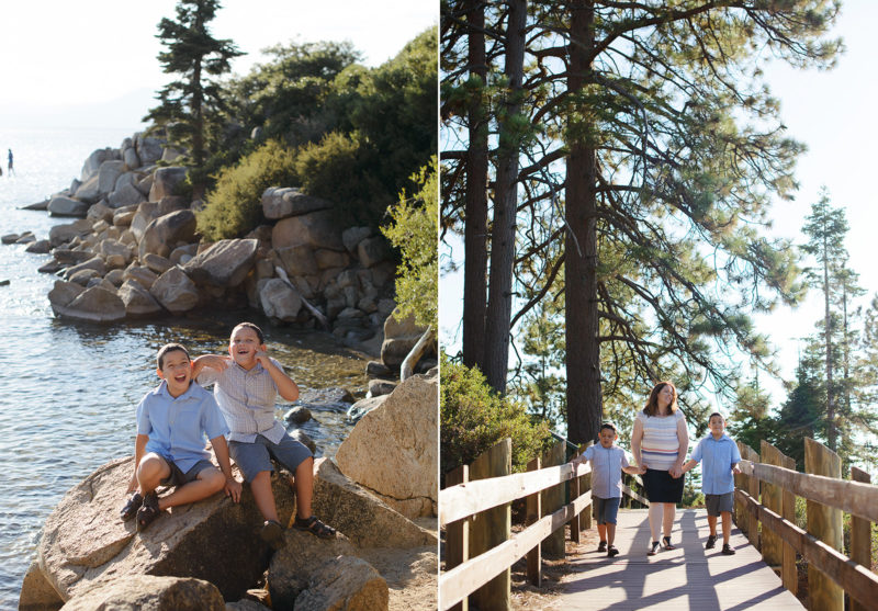 Brothers sitting on smooth rocks by Lake Tahoe shore and mom walking with sons on bridge