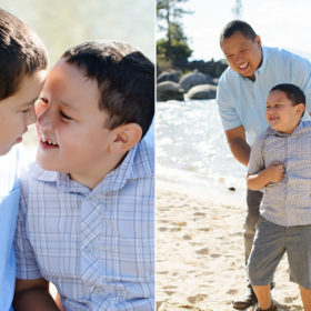 Brothers smiling at each other and dad playing with son on sand at Lake Tahoe