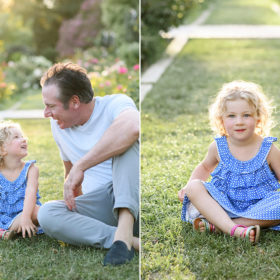 Uncle and niece looking at each other and sitting on the grass in McKinley Park Sacramento