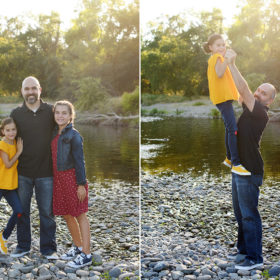 Dad lifting up his daughter in natural light by the river in Fair Oaks