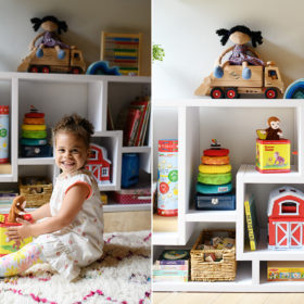 Toddler girl in playroom with details of toys on bookshelf in Mendocino home