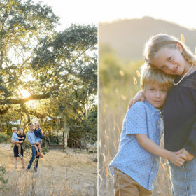 Brother and sister hugging during sunset in tall yellow grass and family posing in front of large trees in Quarryhill Botanical Garden