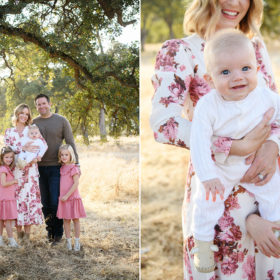 Family smiling under tree on dry grass and close up of baby boy smiling in Folsom