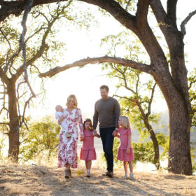 Family walking hand in hand under a large tree in Folsom