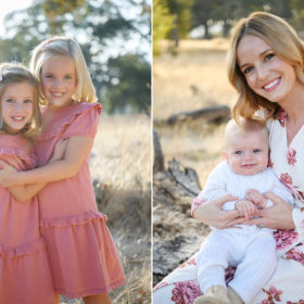 Twin sisters wearing pink dresses hugging and mom and baby smiling in Folsom park