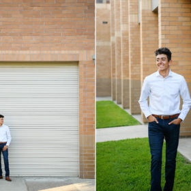 Senior boy standing in front of brick and garage exterior in El Dorado Hills