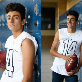 Senior boy wearing football jersey and holding football in front of blue lockers in Oak View High School El Dorado HIlls