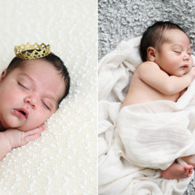 Newborn baby sleeping on cozy blankets wearing a crown and muslin swaddle