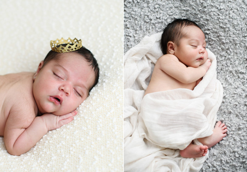 Newborn baby sleeping on cozy blankets wearing a crown and muslin swaddle