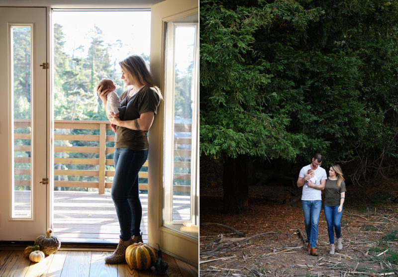 Mom holding newborn baby against sunlight by window and mom and dad walking outside by tall trees