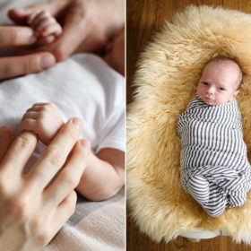 Close up of mom and dad holding onto baby’s tiny hands and close up of newborn baby in swaddle on sheepskin rug