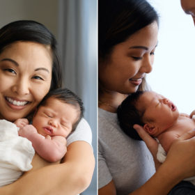 Close up of mom smiling directly at camera and mom and dad looking lovingly at newborn against the light in Sacramento studio