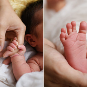 Newborn baby girl holding on to mom’s finger. Close up of baby toes.