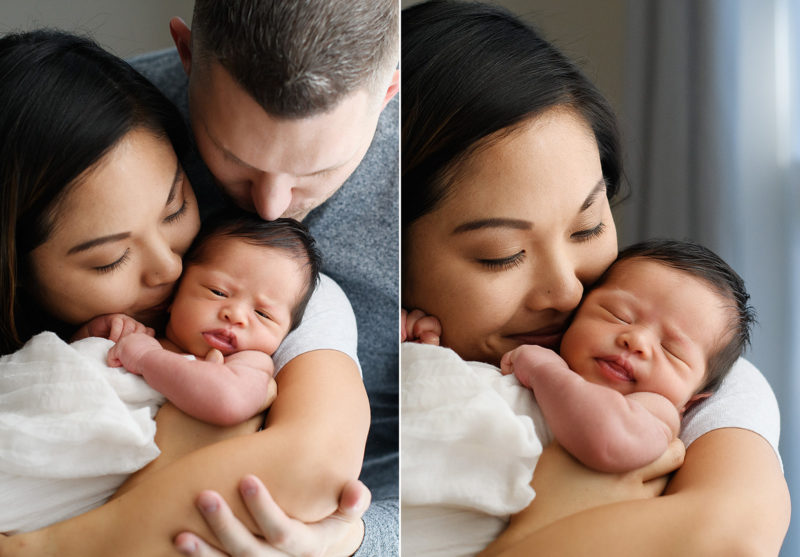 Close up photos of mom and dad kissing newborn baby daughter on head in Sacramento studio
