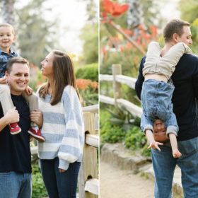 Dad holding son on shoulders and holding him upside down as mom watches in Sacramento park