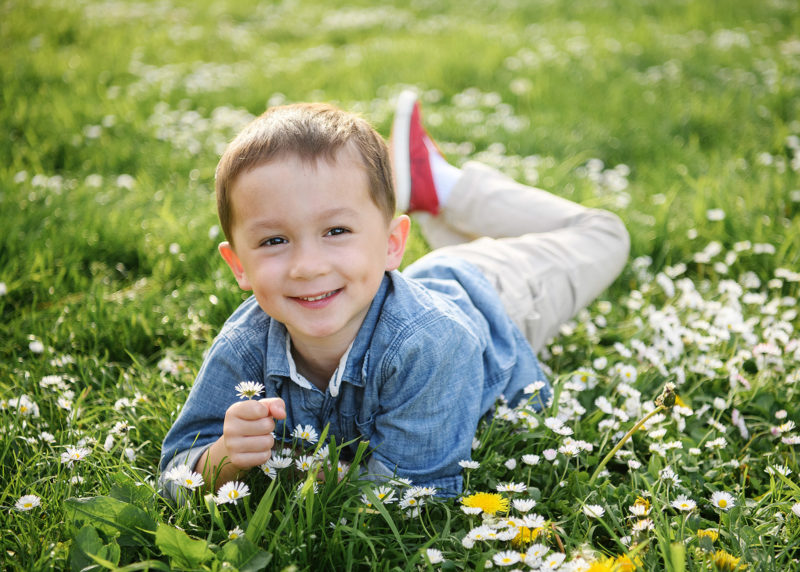 Little boy wearing denim shirt lying in grass among wildflowers in Sacramento
