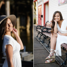 High school senior wearing a hat and smiling in old town Sacramento