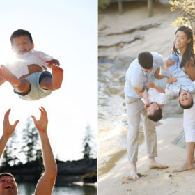 Dad throwing son in the air and parents holding children upside down as they laugh at Lake Tahoe