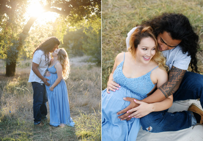 Pregnant woman smiling and kissing man in natural light in Davis