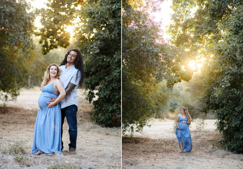 Pregnant woman and man smiling during sunset natural light under large oak trees