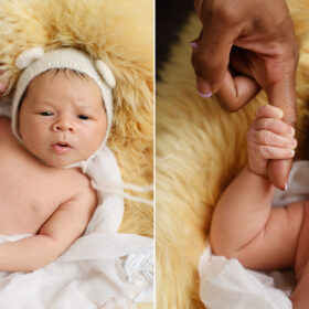 Newborn baby wearing crochet bear hat and close up of baby holding mom’s finger