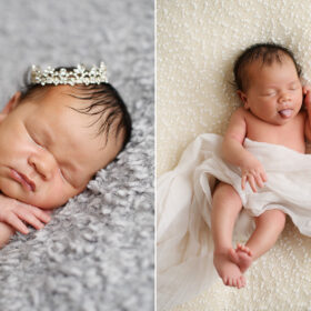 Newborn baby girl wearing a crown and sticking her tongue out while sleeping in Sacramento studio