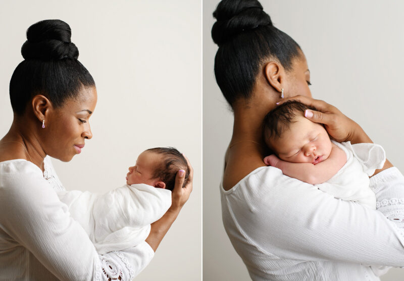 Black mom lovingly looking and holding sleeping newborn baby in Sacramento studio